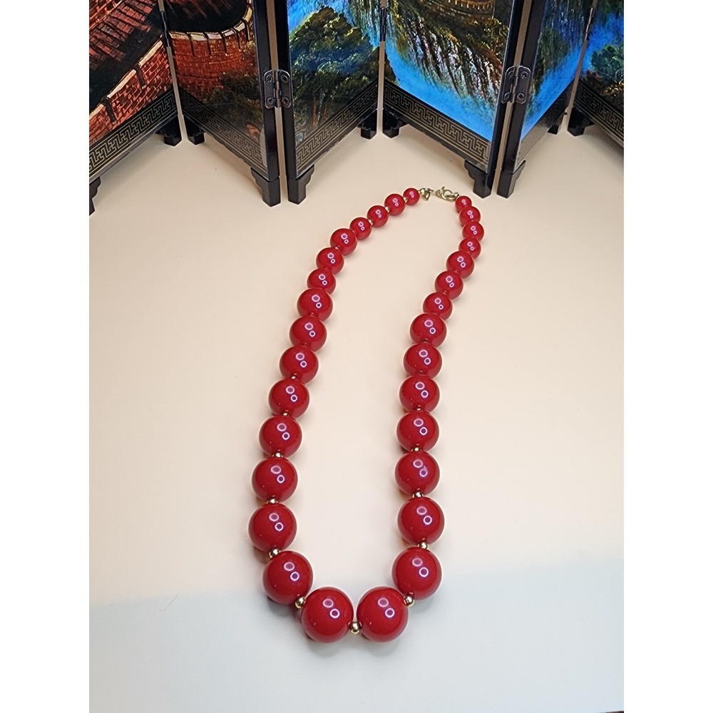 Vintage 75 Yr Old MONET Necklace Red Lucite Graduating‎ Beads Gold Tone 18"